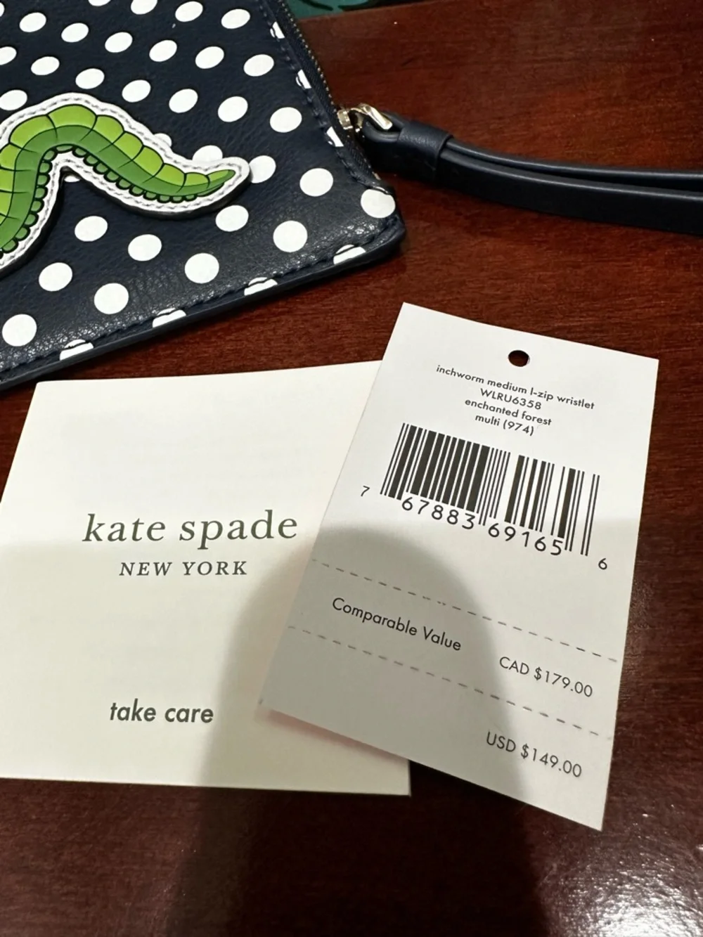 Kate Spade Inchworm Polka Dot L Zip Wristlet NWT Enchanted Forest Novelty